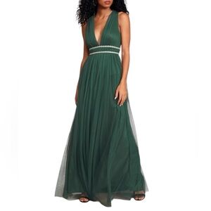 Lulus New Delightful Occasion Emerald Green Beaded Tulle Maxi NYE Dress Gown